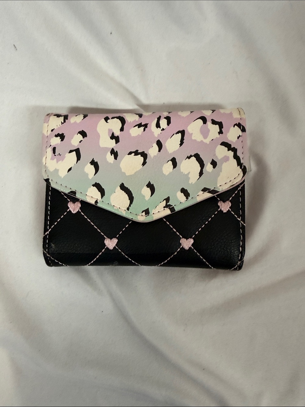 Pastel Leopard Flap Quilted Black Mini Wallet - Women Betsy Johnson